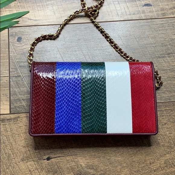 Tory Burch Leather Savannah Striped Chain Flat Wallet Crossbody Bag - Picture 6 of 9